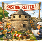 Illustration zeigt die Bastion im Schillerpark mit Bürgerinnen und Bürgern, die gemeinsam an ihrer Sanierung arbeiten. Im Vordergrund steht ein Banner mit der Aufschrift „Bastion retten!“.